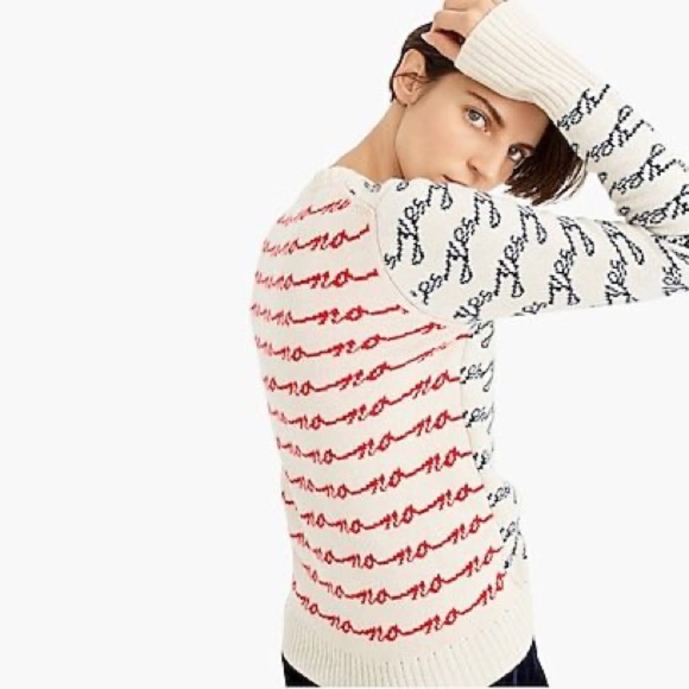 J.Crew Yes No Colorblock Jacquard Cursive Merino Wool Blend Crewneck Sweater
